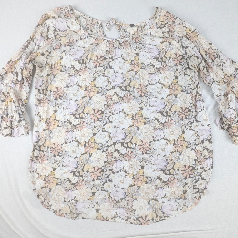 Cupio Blush Floral Ruffle Bell Sleeve Boho Blouse XL Tan Lavender Cream Rayon